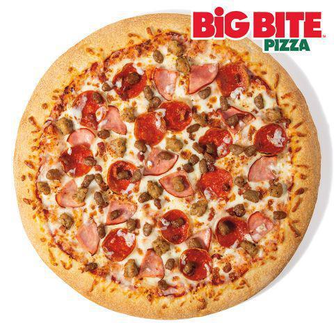 Large Big Bite™  - Meat · Our fluffy crust Big Bite™ pizza is made fresh every day. The extreme meat pizza is topped with 100% whole milk Real® Mozzarella, fresh-cut pepperoni slices, Canadian bacon, Italian-style sausage, beef and bacon crumbles.