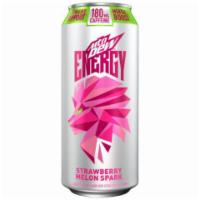 MTN DEW ENERGY Strawberry Melon Spark 16oz · Provides immune support and mental boost. 180 mg of caffeine. Strawberry Melon Spark flavor.
