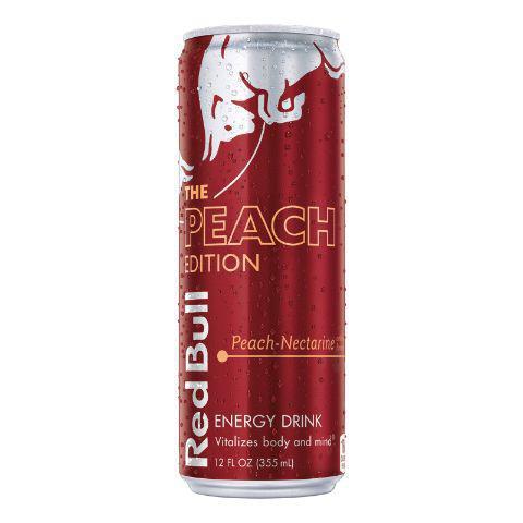 Red Bull Peach Edition 12oz · Single 12 fl oz can of Red Bull Energy Drink Peach Edition 
Red Bull Peach Edition's special formula contains ingredients of high quality: Caffeine, Taurine,
some B-Group Vitamins, Sugars