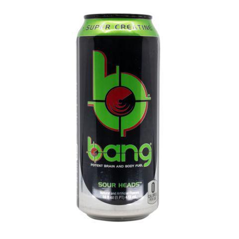 Bang Sour Heads 16oz · Power up with Bang's potent brain & body-rocking fuel: Creatine, Caffeine, CoQ10 & BCAAs (Branched Chain Amino Acids.)