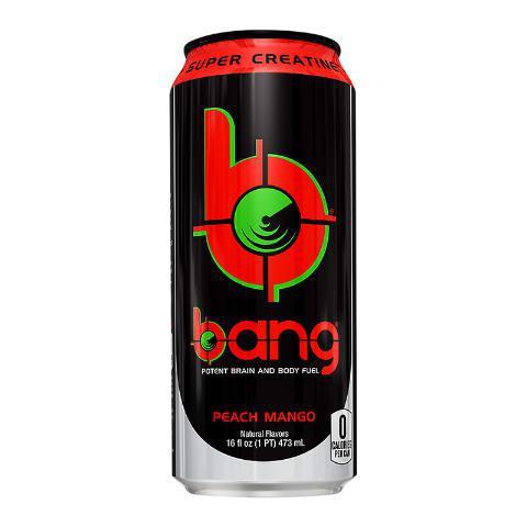 Bang Peach Mango 16oz · Power up with Bang's potent brain & body-rocking fuel: Creatine, Caffeine, CoQ10 & BCAAs (Branched Chain Amino Acids.)