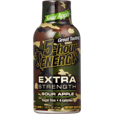 5-Hour Energy Extra Strength Sour Apple 1.93oz · Extra strength sour apple-flavored energy shot that contains a blend of vitamins, nutrients and caffeine – all with  sugar and only 4 calories.