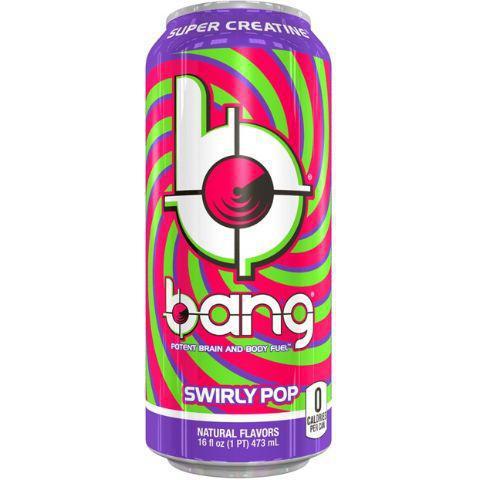 Bang Swirly Pop 16oz · Power up with Bang's potent brain & body-rocking fuel: Creatine, Caffeine, CoQ10 & BCAAs (Branched Chain Amino Acids.)
