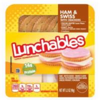 Ham & Swiss Lunchables 3.2oz · Complete ready-to-eat meal with white meat ham, American cheese,  and crackers.