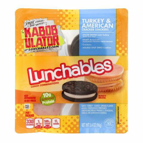Turkey & American Cracker Stackers Lunchables 3.4oz · Ready-to-eat meal complete with white meat turkey, American cheese, and a DOUBLE STUF OREO cookie