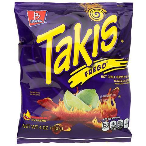 Takis Fuego Corn Tortilla Minis 4oz · Containing an intense flavor combination of hot chili pepper and lime, Takis Fuego rolled tortilla chips are rated 
