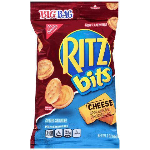 Nabisco Ritz Bits Cheese Big Bag 3oz · Bite-size versions of the mild cheese spread between two Ritz Bitz crackers.