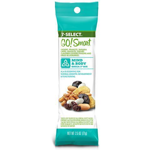 7-Select Go Smart Mind & Body · Omega-3 Mix with raisins, peanuts, banana chips, walnuts, yogurt flavored covered raisins and dried blueberries.