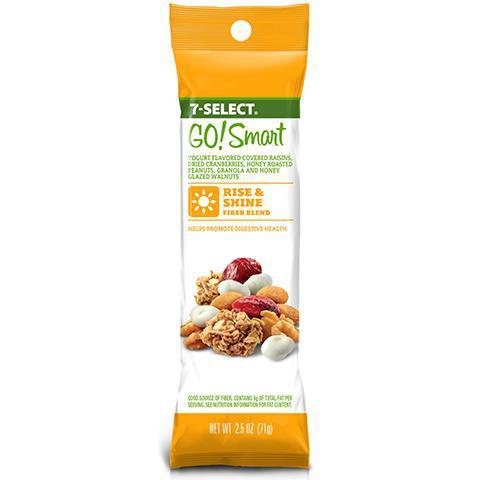 7-Select Go Smart Rise & Shine 2.5oz · Yogurt flavored covered raisins, dried cranberries, honey roasted peanuts, granola and glazed walnuts.  Helps promote digestive health.