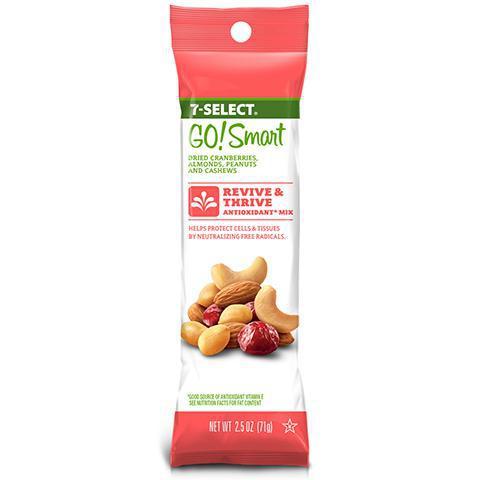 7-Select Go Smart Revive & Thrive 2.5oz · Dried cranberries, almonds, peanuts and cashews. Helps protect cells & tissues by neutralizing free radicals.