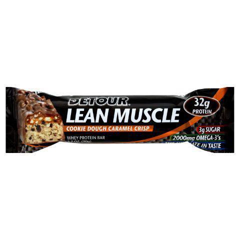 Detour Lean Muscle Cookie Dough Caramel Crisp 3.2oz · Chocolate chip cookie pieces, sugar free caramel, light crunchy crisps, and creamy cookie dough core, all covered in lower sugar chocolate coating.