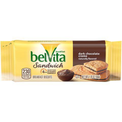 BelVita Dark Chocolate Sandwich Cookie 1.76oz · Our belVita Sandwich Dark Chocolate Creme Breakfast Biscuits feature a smooth creamy layer of dark chocolate between two delicious biscuits