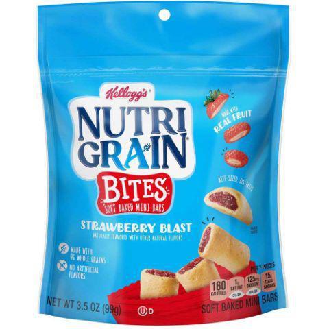 Nutri-Grain Bites Strawberry Blast 3.5oz · With 8g of whole grains per serving Nutri-Grain® Kids are the perfect soft-baked, bite-sized snack for your little ones. With yummy strawberry flavored filling made with real fruit, Nutri-Grain® Kids are made with nutrients kids need, and the taste they will love.
