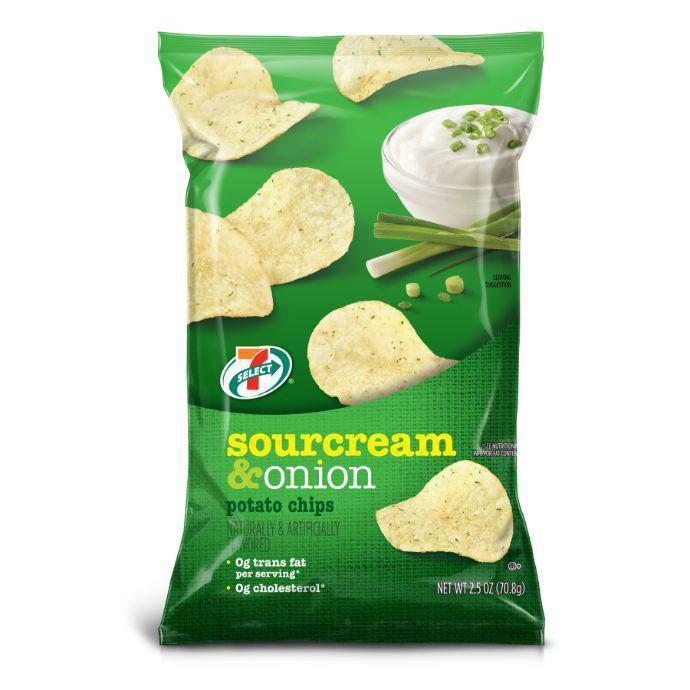 7 Select Sour Cream & Onion Potato Chips 2.5oz · Thin slices of potato cooked to a perfect chips and Sour Cream and Onion