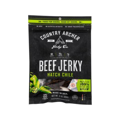 Country Archer Beef Jerky Hatch Green Chile 3oz · A low-carb, protein-packed jerky is made with 100% grass-fed beef punctuated by sweet, smoky Hatch chiles.