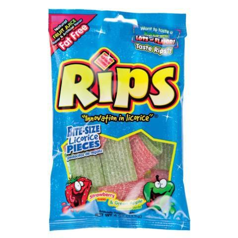 Rips Bite Size 4oz · Slightly sour licorice is sugar-sanded for a burst of intense sweet and sour flavor.