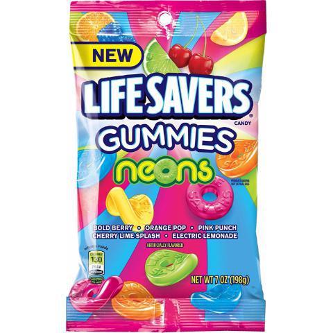 Life Savers Gummies Neons 7oz · The classic favorite that's a hole lot of fun! Get lit with bold berry, orange pop, pink punch, cherry lime splash, and electric lemonade flavors.