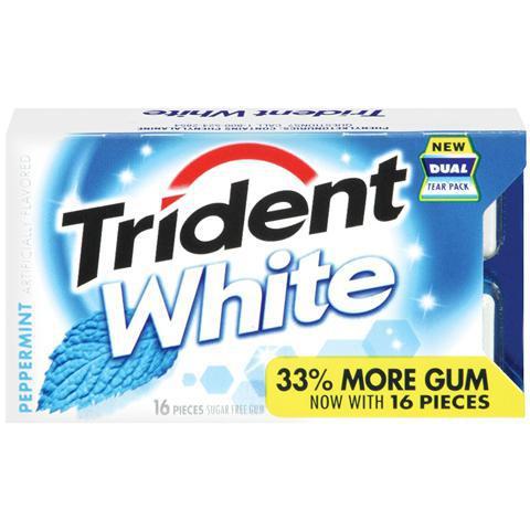 Trident White Peppermint Gum 16 Count · With 30% fewer calories than sugared gum, Trident gum is excitingly eccentric while cleaning and protecting teeth.