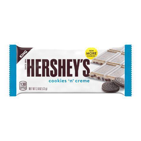 Hershey's Cookies & Cream King Size 2.6oz · Delicious white chocolate flavored creme swirled with yummy chocolate cookie bits. Perfect for the cookie lovers out there.