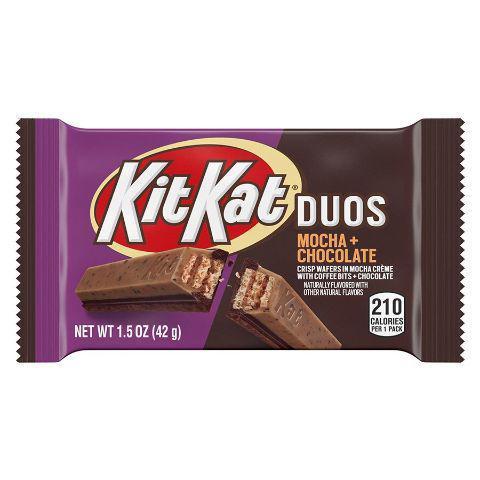 Kit Kat Duos Mocha and Chocolate Candy Bar 1.5oz · Crisp wafers dipped halfway in mocha creme with coffee bits, halfway in chocolate.