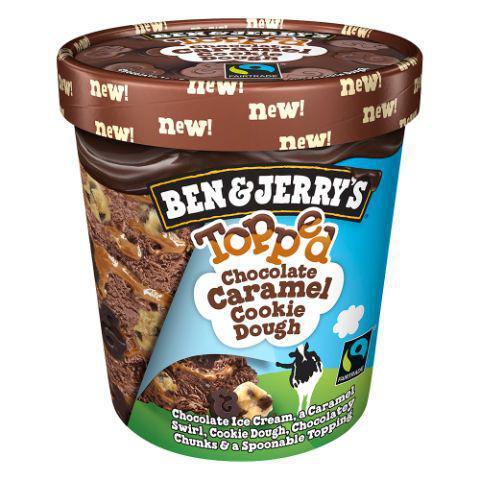 B&J Choc Caramel Cookie Dough Topp'd · New BJ Topp'd has unique flavors with Chocolate Ganache top.