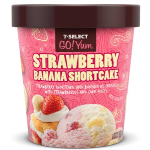 7-Select GoYum Strawberry Banana Shortcake Pint · Strawberry shortcake and banana ice cream with strawberries and cake pieces.