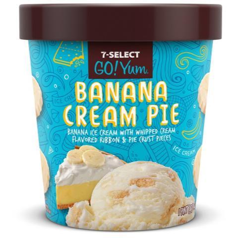 7-Select GoYum Banana Cream Pint · Banana ice cream with whipped cream flavored ribbons and pie crust pieces. You will thank yourself for this treat.