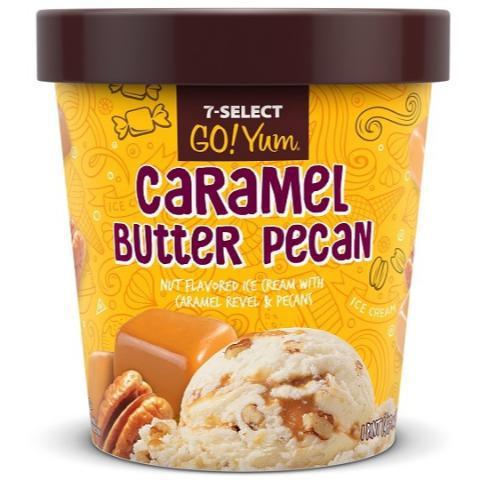 7-Select GoYum Caramel Buttered Pecan Pint · Nut flavored ice cream with caramel revel and pecans. This ice cream is the perfect cheat day option!
