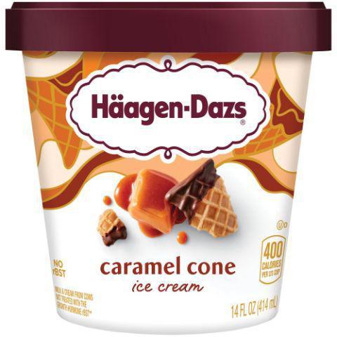 Haagen-Dazs Caramel Cone Pint · Thick caramel ribbons and crunchy chocolate-covered cone pieces folded into rich caramel ice cream. A texture overload in a truly decadent experience.