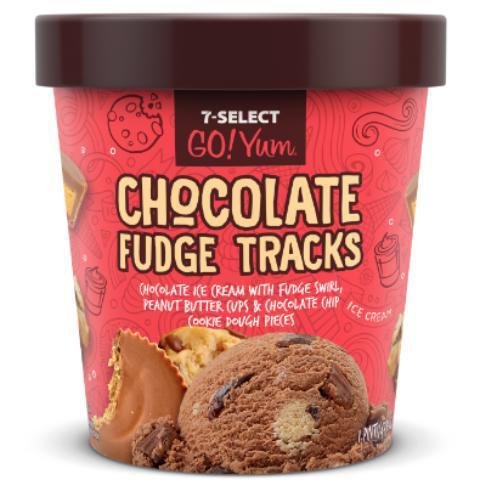 7-Select GoYum Fudge Tracks Pint · Chocolate ice cream with fudge swirl, peanut butter cups and chocolate chip cookie dough pieces.