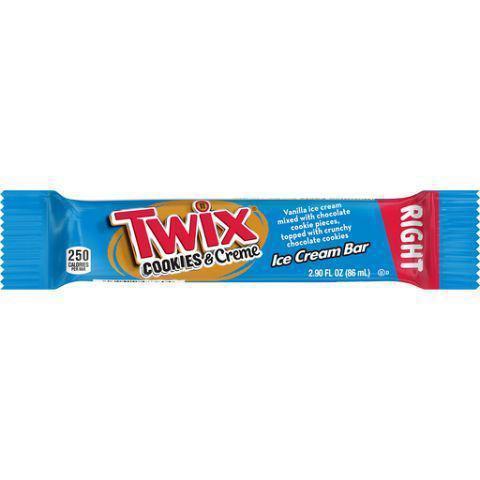 Twix Cookies and Cream Ice Cream Bar 2.9oz · Vanilla ice cream mixed with chocolate cookie pieces, topped with crunchy chocolate cookies, and wrapped in a chocolate shell.