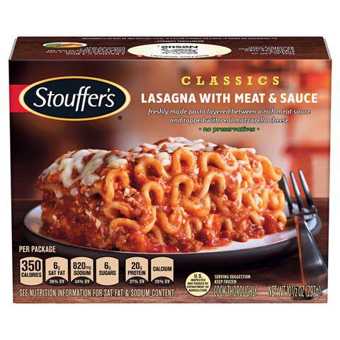 Stouffer’s Lasagna with Meat & Sauce 10.5oz · Traditional lasagna noodles layered with an herb seasoned tomato and meat sauce and three kinds of natural cheese.