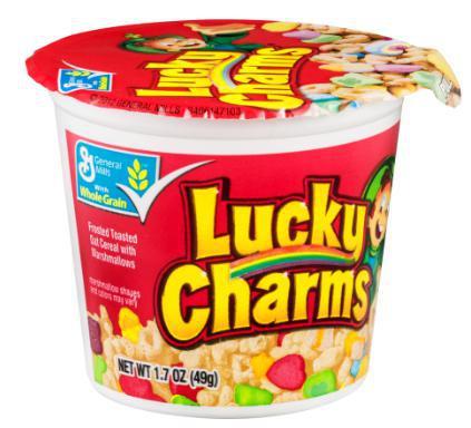 General Mills Lucky Charms 1.7oz · Hearts, stars, horseshoes…can you name them all? This scrumptious gluten-free breakfast combines frosted toasted oats and delectable marshmallows.