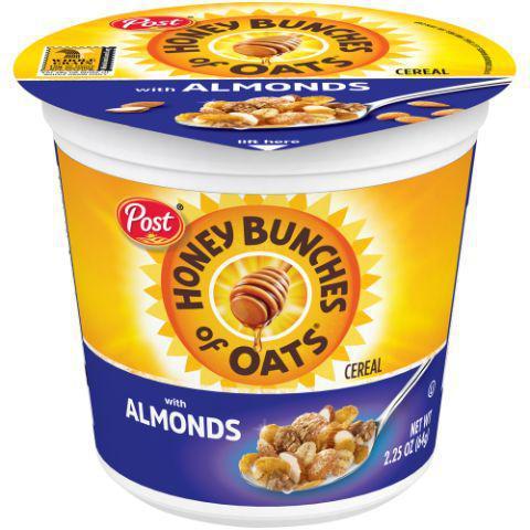 Honey Bunches w Almonds 2.25oz · The crispy flakes and crunchy oat bunches you love – plus sliced almonds for a satisfying breakfast in a convenient on-the-go cup.