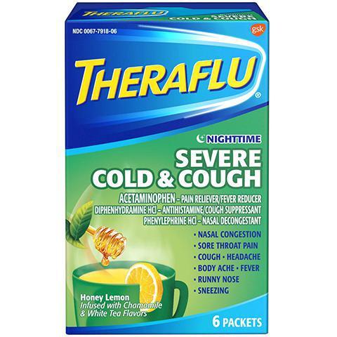 Theraflu NT Severe Cold & Cough 6 Count · Put your severe symptoms on mute. Rest easy, as powerful nighttime cold medicines work on your worst cold and flu symptoms.