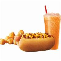 Chili Cheese Coney Combo · SONIC'S premium beef chili cheese coney. A grilled beef hot dog topped with warm chili and m...