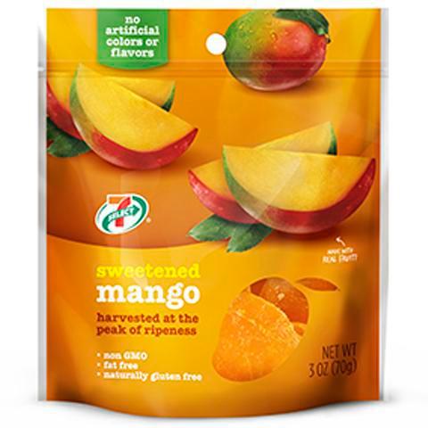 7-Select Sweetened Dried Mango 3oz · Made with 100% real mango harvested and the peak of ripeness for a naturally gluten free, fat free, low calorie, low sugar snack.