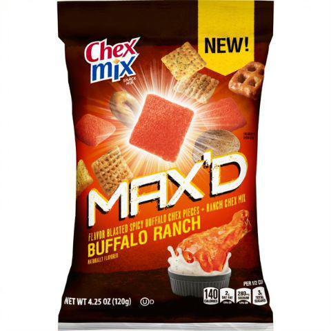 Chex Max'd Buffalo Ranch 4.25oz · Two flavors, one intense taste! Chex Mix™ MAX’D is flavor blasted spicy buffalo Chex™ cereal pieces with ranch mix of pretzels, mini breadsticks, and crispy crackers. The flavor punch consumers crave and new textures unlike any other salty snack