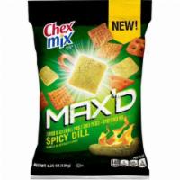 Chex Max'd Spicy Dill 4.25oz · Two flavors, one intense taste! Chex Mix™ MAX’D is flavor blasted dill pickle Chex™ cereal p...