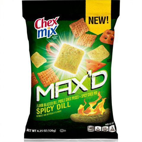 Chex Max'd Spicy Dill 4.25oz · Two flavors, one intense taste! Chex Mix™ MAX’D is flavor blasted dill pickle Chex™ cereal pieces with spicy mix of pretzels, mini breadsticks, and crispy crackers. The flavor punch consumers crave and new textures unlike any other salty snack