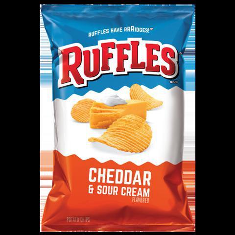 Ruffles Cheddar&SourCream 2.5 oz · Combination of a mild sharpness of real cheddar cheese with zesty sour cream to produce a unique and bold flavor.