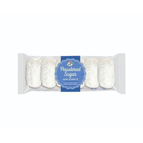 7-Select Mini Powdered Donut 6 Count · Mini yellow cake donuts dusted with powdered sugar.