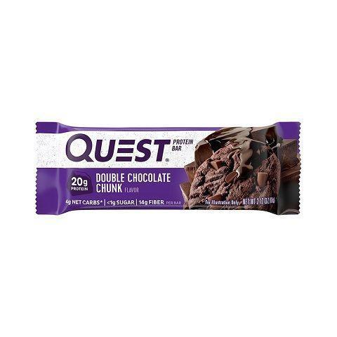 Quest Double Chocolate Chunk Protein Bar 2.12oz. · What’s better than chocolate? Twice the chocolate, obviously. Satisfy your chocolate cravings with the delectable Quest Double Chocolate Chunk Protein Bar. Quest Nutrition began in a small personal kitchen and grew into a global phenomenon. By providing people with high protein, lower in net carb and sugar bars, Quest has been able to expand into protein cookies, chips, pizzas and more. Join Quest in celebrating the foods you crave working for you, not against you.