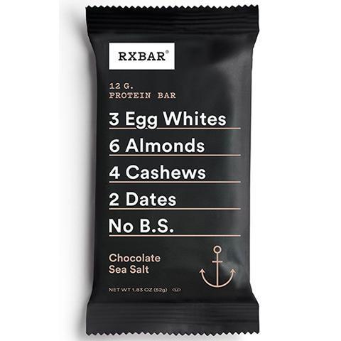 RX Bar Chocolate Sea Salt 1.8.oz · Indulgent combination of 100% pure cholcate spiked with savory sea saltand rich chocolate. This protein bar boasts 12 grams of protein, 5 grams of fiber, no gluten, and has zero added sugar.