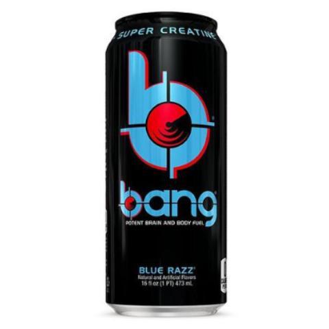 Bang Blue Razz 16oz · Power up with Bang's potent brain & body-rocking fuel: Creatine, Caffeine, CoQ10 & BCAAs (Branched Chain Amino Acids.)