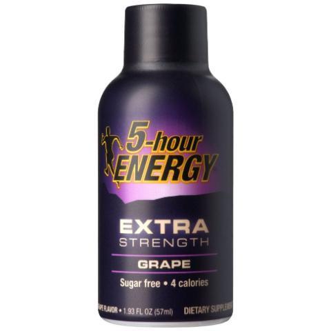 5-Hour Energy Extra Strength Grape 1.93oz · Extra strength grape-flavored energy shot that contains a blend of vitamins, nutrients and caffeine – all with 0 sugar and only 4 calories.