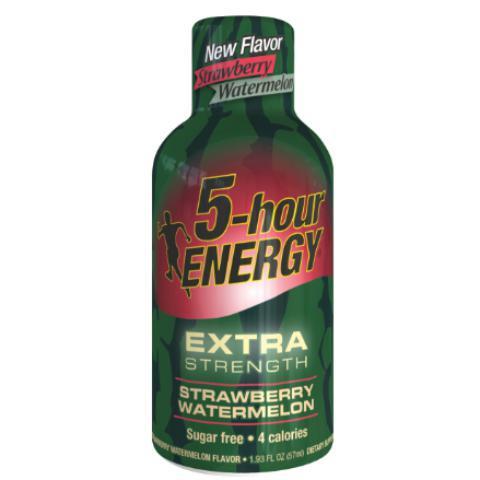 5-Hour Energy Strawberry Watermelon 1.93oz · Berry-flavored energy shot that contains a blend of vitamins, nutrients and caffeine – all with 0 sugar and only 4 calories.