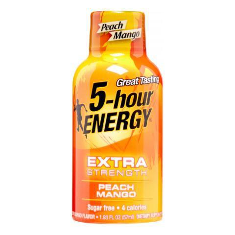 5-Hour Energy Extra Strength Peach Mango 1.93oz · Extra strength peach mango-flavored energy shot that contains a blend of vitamins, nutrients and caffeine – all with 0 sugar and only 4 calories.
