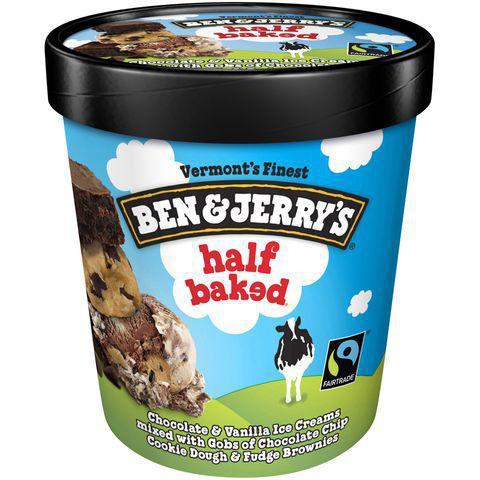 Ben & Jerry's Half Baked Pint · Vanilla ice cream with gobs of chocolate chip cookie dough and fudge brownie. Ben and Jerry’s is made with non-GMO ingredients and cage-free eggs.