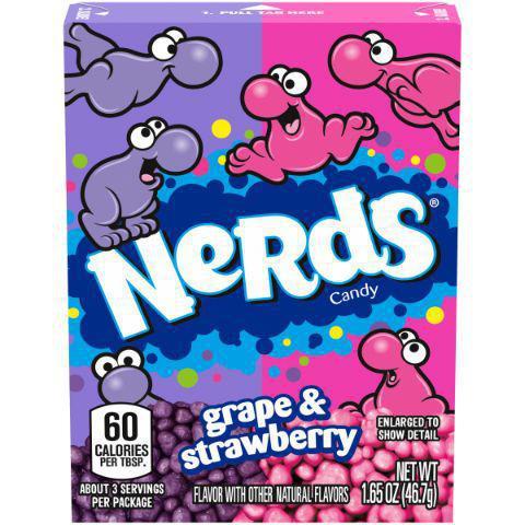NERDS Grape & Strawberry Candy 1.65oz Box · Tiny, tangy & crunchy: grape & Strawberry Nerds provide a delicious assortment of seriously strawberry and gotta have it grape flavors